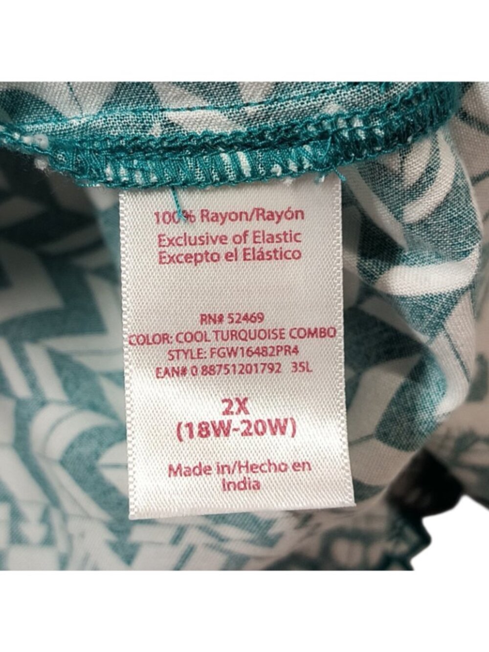 Teal White Tassle Peasant Top 3/4 Sleeve Rayon Tunic Blouse Women's 2X 18-20 - Picture 7 of 7